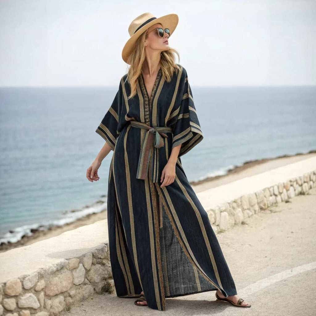 Boho Striped Belted Maxi Kaftan Beach Cover-Up